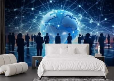 Global business network and silhouettes of businessmen with interconnected networks Wall mural