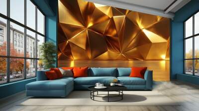 Gold wall with triangles and a gold floor. The wall is made of gold paper and the floor is made of gold metal. The room has a warm Wall mural