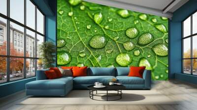 Leaf with water droplets on it. The droplets are small and scattered, giving the impression of a light rain. The leaf is green and he is fresh and healthy Wall mural