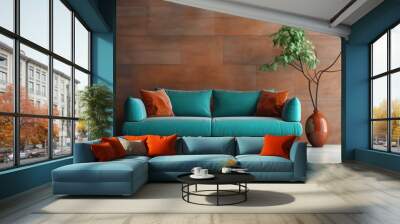 Modern Living Room, Teal Pillows on Sofa, Stone Wall, Minimalist Loft Home Interior Design Wall mural