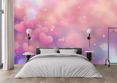 Pink background with many hearts scattered around it. The hearts are of different sizes and are placed in various positions. Scene is one of love and affection Wall mural