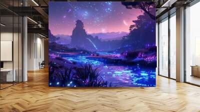 alien landscape , bioluminescent plants , glowing rivers
, vibrant alien world Wall mural