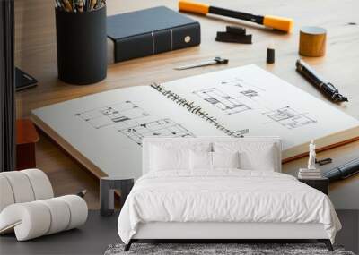 Architect Sketching Floor Plan in Notebook on Desk Wall mural