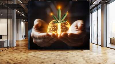 Cannabis Leaf Held in Hands with Glowing Brain Symbol Wall mural