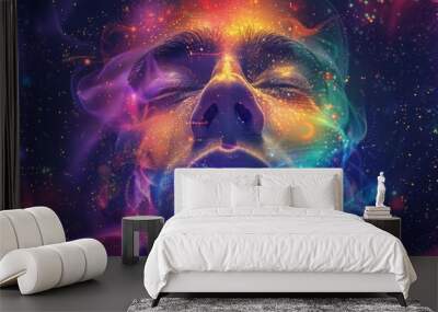 colorful image man closed eyes , thought flight concept , science fiction image , photorealistic high detail image , man meditating sci-fi Wall mural