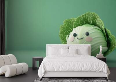 Cute Cartoon Cabbage Character Green Background Wall mural