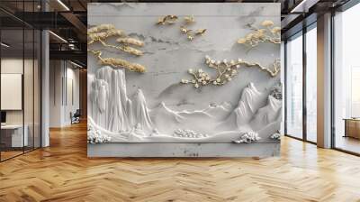 D Gold and White Mountain Landscape Wall Decor Wall mural