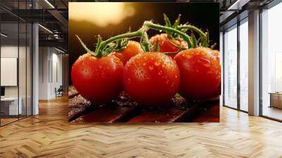 Fresh Red Tomatoes with Water Drops on Wooden Background Wall mural