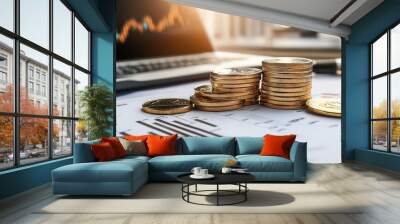 Golden Coins Stacked on Financial Chart with Laptop in Background Wall mural