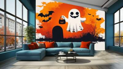 Happy Ghost Holding Pumpkin Trick or Treat Bag Wall mural