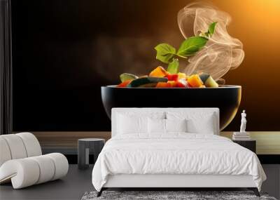 Steaming Bowl of Fresh Vegetables on Wood Table Wall mural