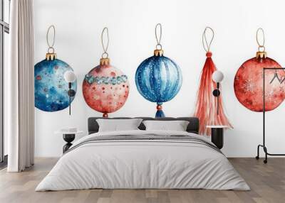 Watercolor Christmas Baubles with Tassels Wall mural