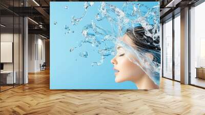 Woman Face Water Splash Blue Background Wall mural