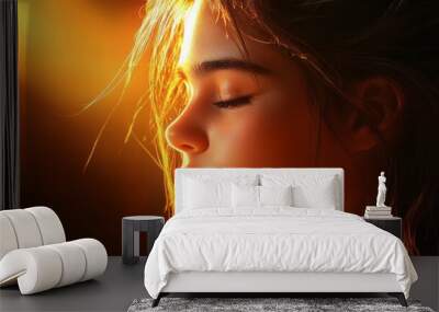 Woman s Face Golden Light Hair Close Up Wall mural