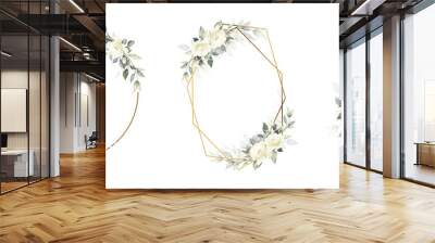 Flower watercolor wreath set design white bouquet rose flower vector. Invitation gold frame card illustration on white background Wall mural