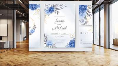 Navy blue peony rose wedding invitation card with golden leaves and golden frames. Template card set. Wall mural