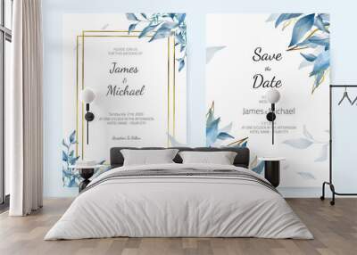 Wedding invitation card, blue leaves, golden frame, watercolor, template Wall mural