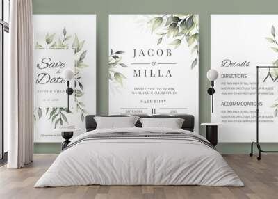 wedding invitation card set template design with watercolor greenery leaf and branch  Wall mural