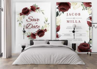 Wedding invitation card set with wreath red and white rose watercolor vector template Wall mural