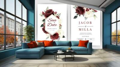 Wedding invitation card template set with bouquet white and red rose flower watercolor vector gold frame Wall mural