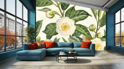 A painting of a white flower with green leaves Wall mural