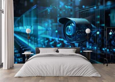 Advanced surveillance technology concept with a high-definition security camera amidst digital interface and data streams Wall mural