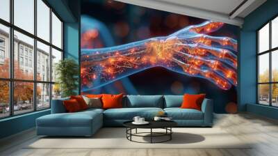 Transparent skeletal arm with glowing nerves and joints, illustrating carpal tunnel syndrome and repetitive strain injury in a dark, high-tech environment. Wall mural