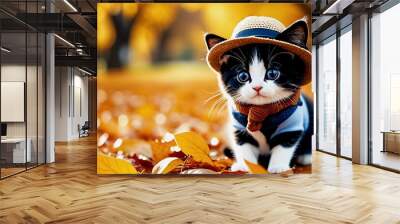 Cute little Cat wearing a hat Cat Wall mural