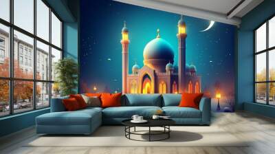 Digital illustration beautiful mosque night center image blue A in Ramadan Wall mural