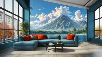 Digital illustration tropical landscape beautiful mountain backg Wall mural