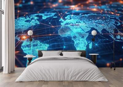 Digital world map dark blue background made up Global network with glowing Wall mural