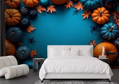 Flat lay various pumpkins gourds arranged circular pattern A blue background Wall mural