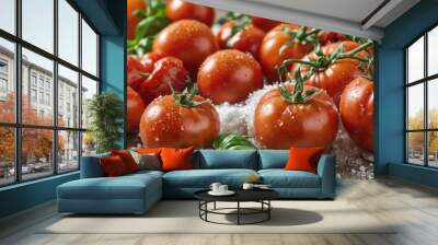 group fresh tomatoes basil leaves wooden table There Wall mural