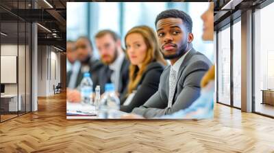 Group people sitting long table conference room They Diverse business professionals communicating Wall mural