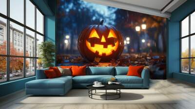 Halloween scene large pumpkin center has jack-o-lantern face happy background Wall mural