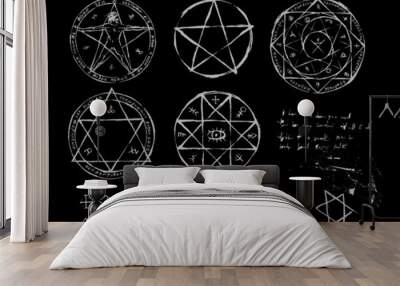 hand drawn witchcraft magic circle collection. pentagram and ritual circle. emblems and sigil occult Wall mural