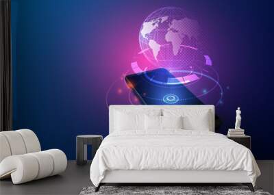 High speed communications with world wide web from anywhere in world via phone mobile internet. Hologram earth virtual hud elements over screen smartphone. vector eps10 Wall mural