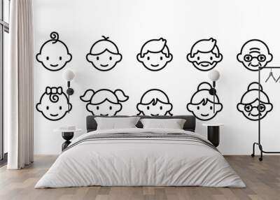 Icon set of different age groups of people from baby to elder (Cute simple art style)  Wall mural