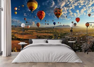 Large group hot air balloons flying over vast Wall mural