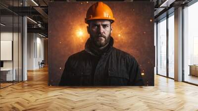 Man wearing orange hard hat black jacket He A construction worke Wall mural