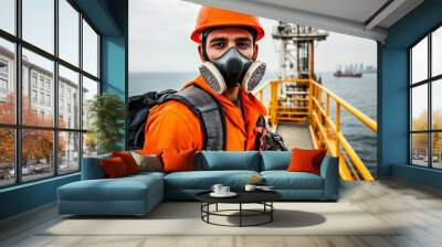 Man wearing orange hard hat gas mask He Ship crew member, equipped Wall mural