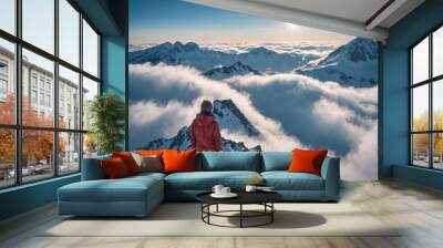 person standing top mountain peak overlooking vast expanse Wall mural