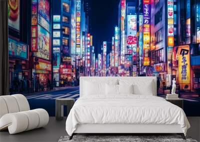 Photograph busy street Tokyo Japan night lined tall Bright neon signs adorn Wall mural