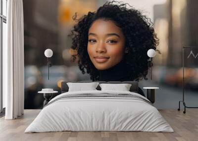 Portrait young African-American woman curly hair She standing close up of face Wall mural