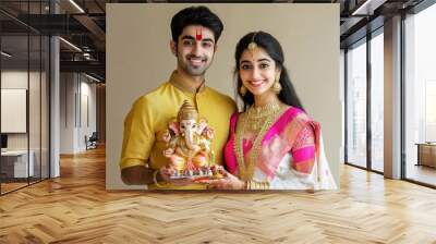 Portrait young Indian couple dressed traditional attire man holding Wall mural