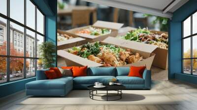 row takeout boxes filled different types food are Wall mural