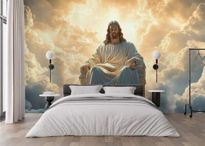 Statue Jesus Christ sitting throne middle vast sky in Heaven Wall mural