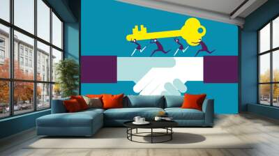 Cooperation. Industry people running with key. Vector illustration business teamwork concept. Wall mural