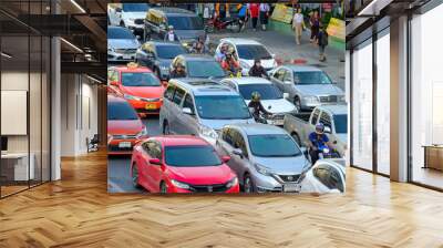 A stream of cars, Traffic jam  in Bangkok, Largest city of Thailand. Wall mural