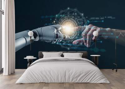 AI technology concept, Machine Learning, Robot hand touching human hand. to connect with global data refers to how humans can create and control artificial intelligence, AI innovation and technology. Wall mural